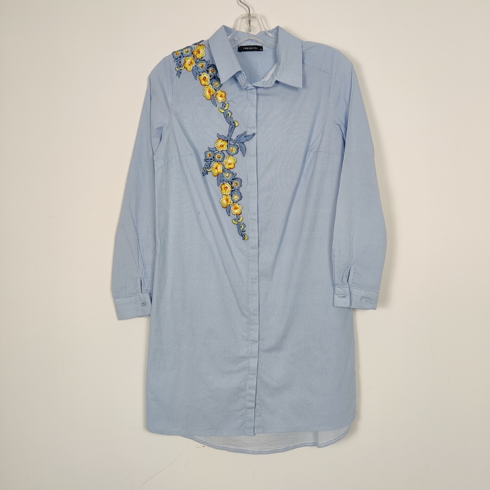 Trendyol Embroidered Stripe Shirt Dress Size EU 38 Floral Embroidered Cotton
